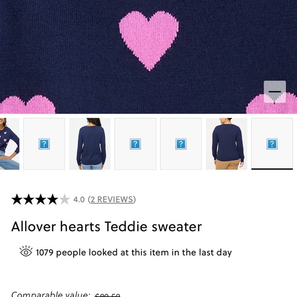 J Crew- Heart Patterned Navy and Pink Sweater, Size Medium - Picture 7 of 13